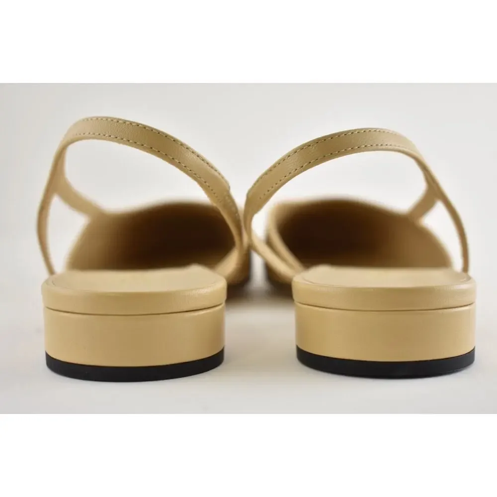 Chanel REV Beige Leather Black Cap CC Logo Coco Sling Slingback Ballet Flat 42.5